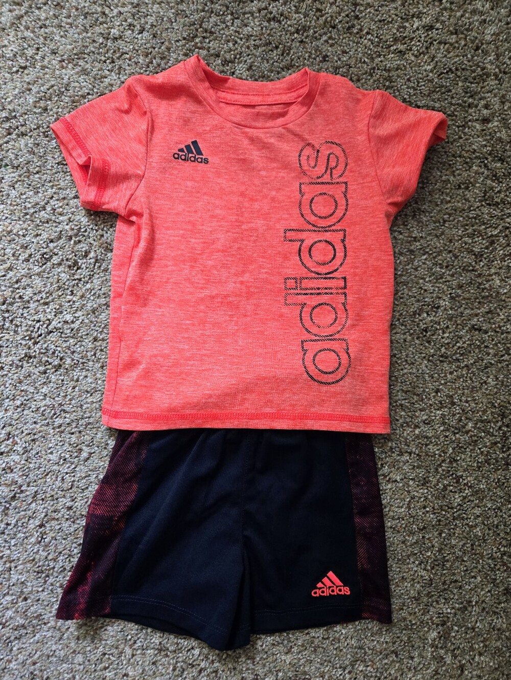 Adidas Kids Coral Tee with Black Logo Shorts With Print On Side, 9 To 12 Months